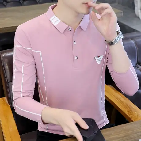 印花徽章翻领长袖t恤男韩版纯棉打底衫潮流秋季polo衫男装上衣服商品大图