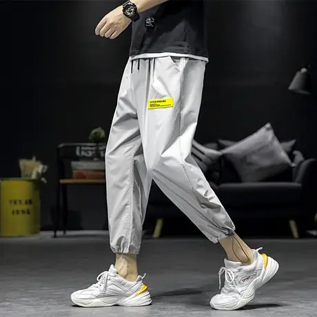 裤子男士韩版潮流夏季束脚宽松冰丝运动工装休闲长薄款7七分短裤C商品大图