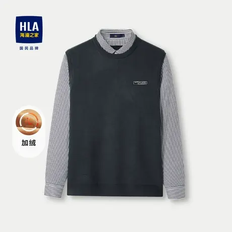 HLA/海澜之家双领长袖针织衫23秋冬新条纹假两件加绒保暖毛衣男商品大图
