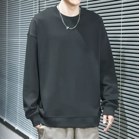 350g重磅卫衣男2024新款圆领上衣服秋季宽松纯色灰色无帽长袖t恤商品大图