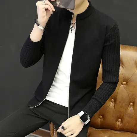 小清新外套男春秋季韩版潮流修身帅气条纹个性立领夹克针织外衣服商品大图