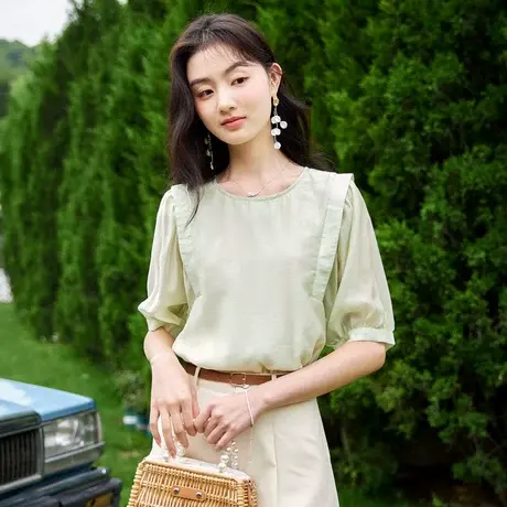 时尚气质天丝短袖衬衫2023年夏季新款淑女温柔圆领显瘦通勤上衣商品大图