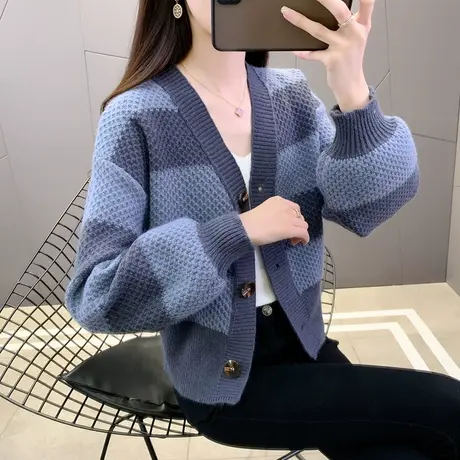 短款小个子条纹拼色毛衣开衫2024春秋新款韩版洋气外搭女士短外套商品大图