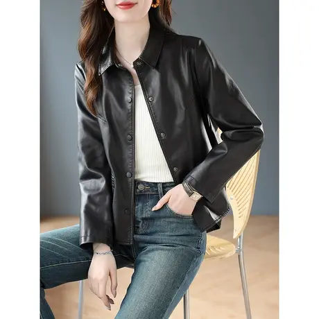 宝诗黎黑色皮衣女新款2024春季翻领短款气质外套设计感机车皮夹克商品大图