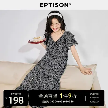 EPTISON连衣裙女2023夏季新款雪纺印花宽松荷叶边甜美休闲裙子商品大图