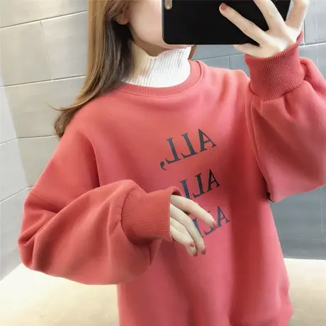 高领卫衣加绒加厚女减龄宽松显瘦2023冬季新款上衣字母简约撞色潮商品大图