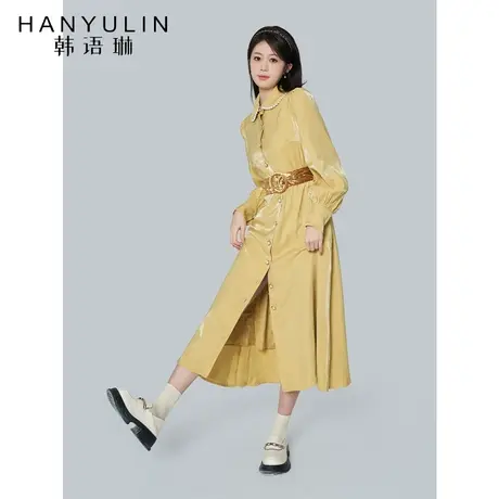韩语琳连衣裙女春夏新款韩版女装单排扣中长裙收腰长袖气质裙子女图片
