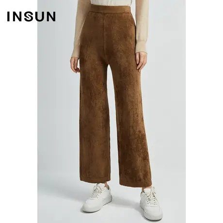 INSUN恩裳奥莱春季百搭直筒微阔丝绒休闲裤图片