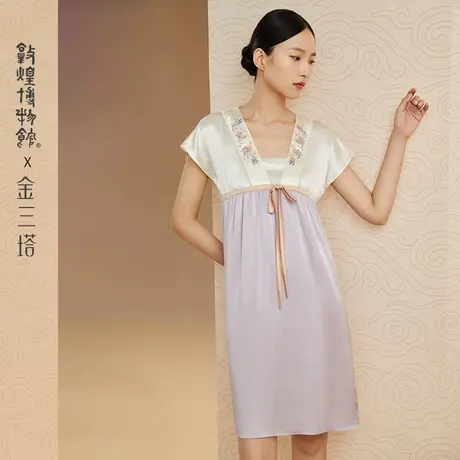 金三塔&敦煌 100%桑蚕丝女真丝撞色刺绣&珍珠绸缎睡裙中式汉寝衣图片