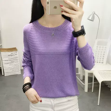 秋装新款女2022长袖针织衫镂空薄款上衣韩版宽松套头钉珠圆领毛衣图片