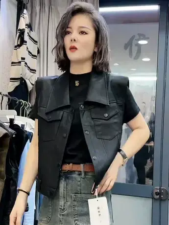 2025秋季新款宽松韩版翻领短款皮马夹时尚百搭外穿洋气马甲外套女商品大图