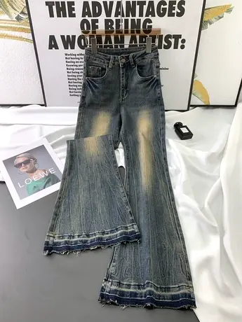 韩版磨白复古牛仔喇叭裤女2023秋季新款显瘦百搭弹力高腰马蹄长裤图片