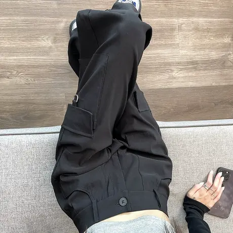 黑色工装裤女2023新款春秋高腰直筒休闲美式复古阔腿束脚运动裤子图片