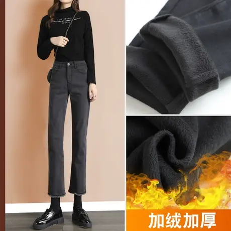 加绒牛仔裤女直筒宽松秋冬2023年新款潮高腰微喇烟灰黑色烟管裤子商品大图