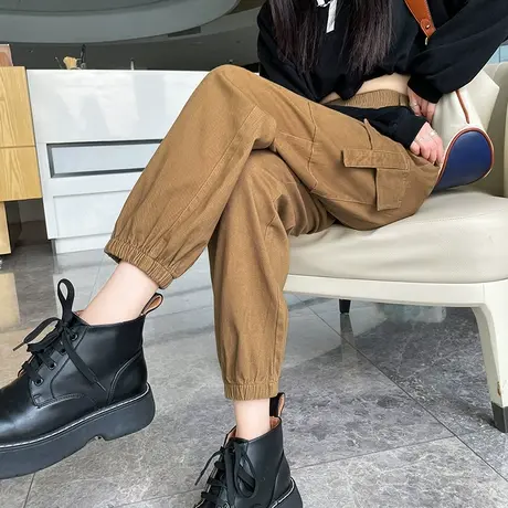 咖色工装裤女2023年春秋新款高腰宽松显瘦百搭九分休闲束脚哈伦裤图片