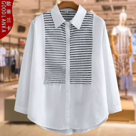 40-50岁中年胖妈妈秋装纯棉衬衣女大码宽松时尚拼接女士长袖衬衫图片