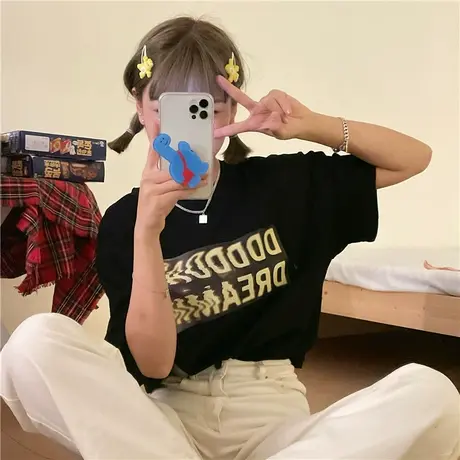 ulzzang原宿风盐系少女字母宽松百搭chic纯棉短袖T恤女上衣ins潮商品大图