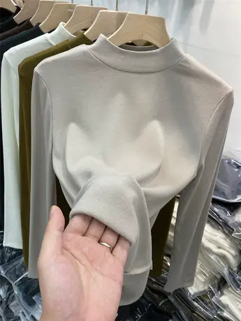 欧货半高领磨毛加薄绒长袖T恤女2023秋冬新款显瘦内搭打底衫上衣商品大图