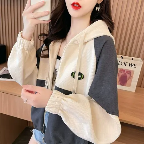 早秋装华夫格外套女春秋季韩版宽松大码初秋薄款撞色连帽卫衣开衫商品大图