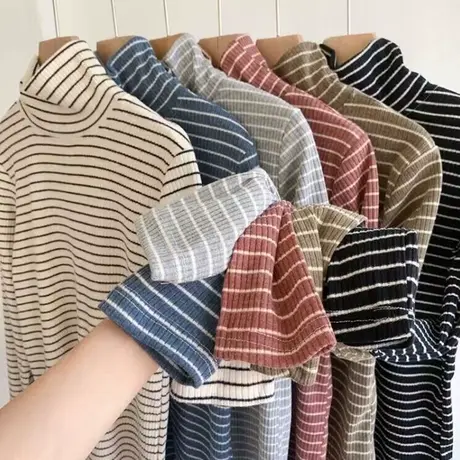 条纹高领长袖针织衫女秋季百搭修身显瘦韩版内搭打底衫上衣T恤潮图片