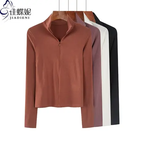 2023年早春装新款Polo翻领下摆圆弧拉链纯棉显瘦打底衫T恤上衣商品大图