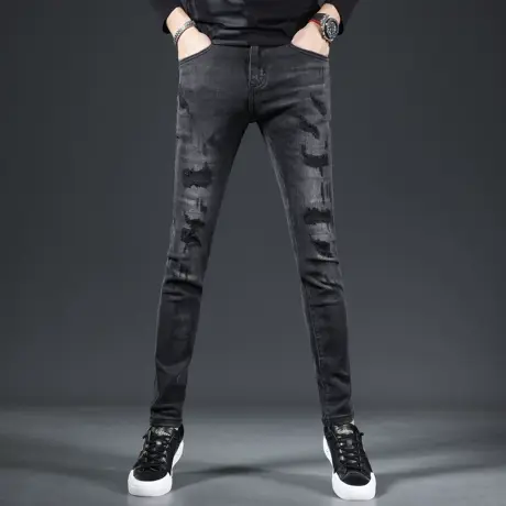 破洞牛仔裤男2023新款秋季黑色修身小脚弹力潮流时尚男士裤子春秋商品大图