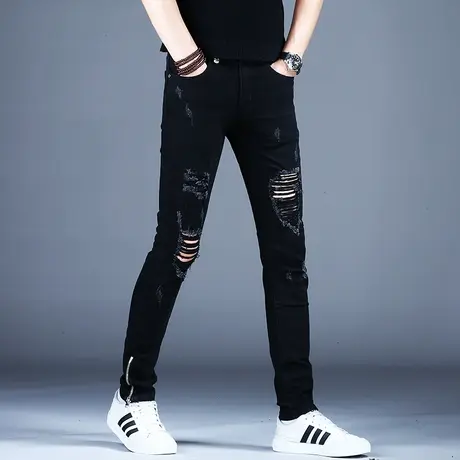 男士紧身破洞牛仔裤男款秋冬季潮牌高端裤子修身小脚2023新款休闲商品大图