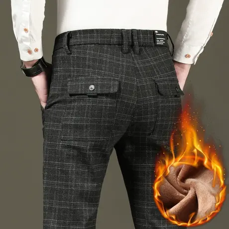 男装冬天格子男裤子秋冬季男士休闲裤直筒2024新款加绒裤加厚外穿商品大图