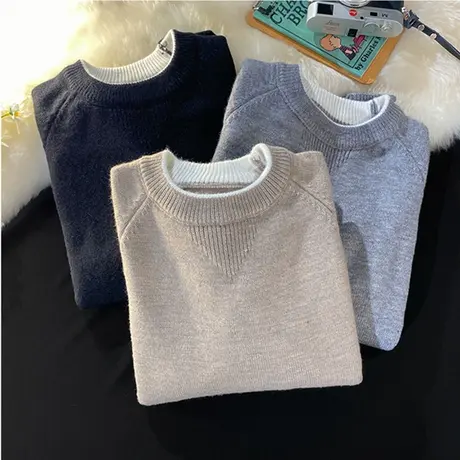 秋冬纯色圆领毛衣男士保暖修身百搭针织衫韩版套头打底线衣加绒厚商品大图