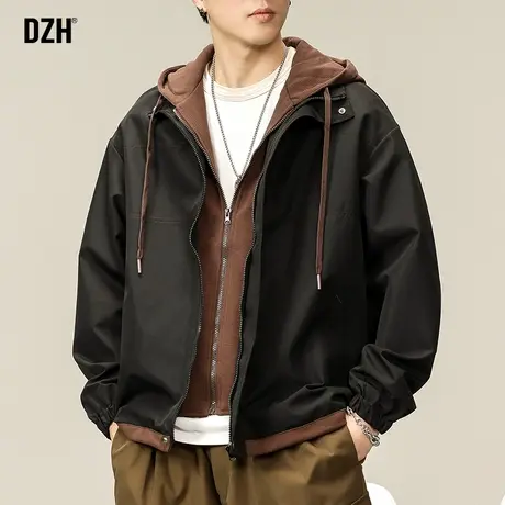 男士黑色假两件外套男美式春秋款潮高级感男装2023新款连帽夹克衫商品大图