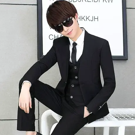 西服套装男修身韩版小西装休闲外套男士三件套伴郎服潮流青年夜场商品大图