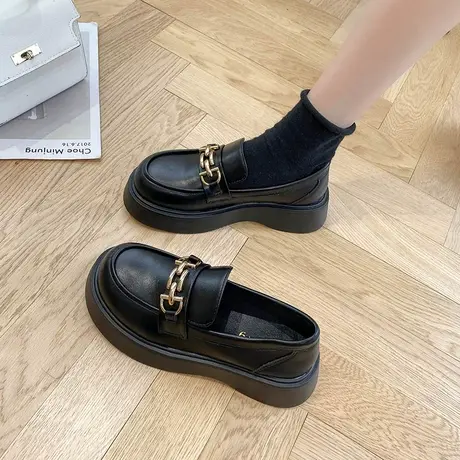 永希女鞋黑色小皮鞋女2023年春季新款英伦风单鞋女松糕厚底乐福鞋商品大图