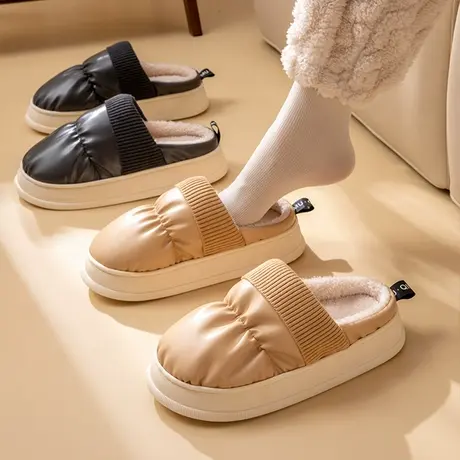 2024新款简约pu皮拼接棉拖鞋女冬季室内家居防滑加绒保暖月子拖鞋商品大图