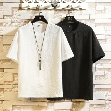 夏季冰丝短袖衬衫男宽松五分袖上衣服薄款亚麻t恤七分袖白色衬衣图片