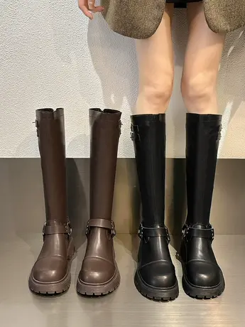 厚底棕色复古长靴女鞋2023新款秋冬季中筒直筒机车靴长筒骑士靴子图片