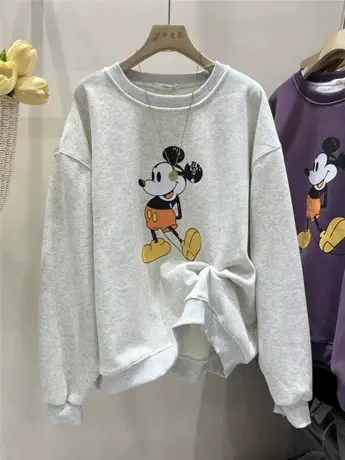 卡通加绒卫衣冬季新款2023韩版宽松大码米奇印花婴儿绒圆领上衣女商品大图