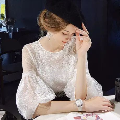 粉红大布娃娃时尚淑女设计感蕾丝花边衬衫百搭小众灯笼袖圆领上衣商品大图