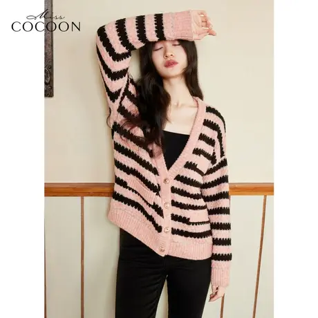 missCOCOON撞色条纹针织衫女2023新款春季慵懒风宽松毛衣开衫外套商品大图