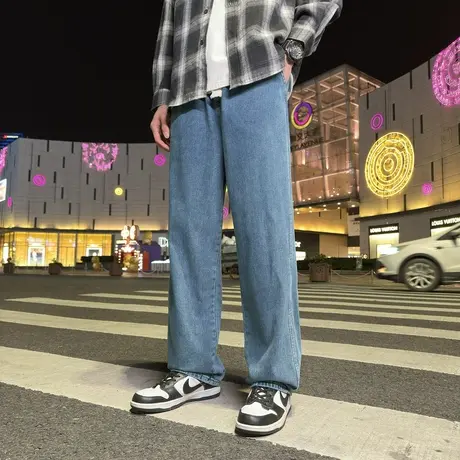 唐狮春秋季新款牛仔裤男宽松抽绳阔腿裤美式潮流个性时尚裤子男图片