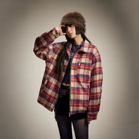潮牌复古红色格子外套女2024春季新款美式街头风宽松oversize夹克图片