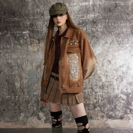 复古做旧美拉德牛仔外套女春秋2024年新款刺绣情侣装宽松夹克上衣图片