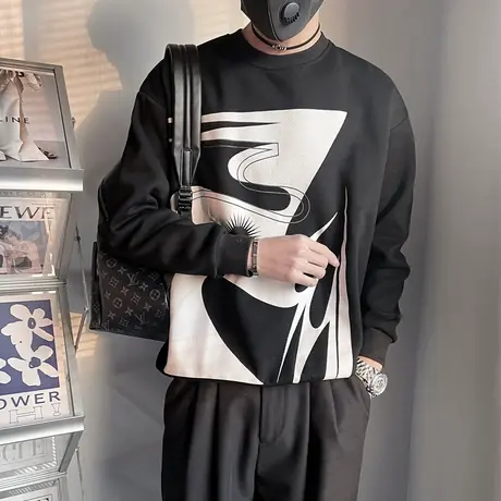 春季卫衣男2024新款ins涂鸦印花设计感宽松内搭长袖上衣打底t恤衫商品大图