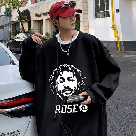 潮牌罗斯印花宽松卫衣男春秋季美式ins潮流运动外套男无帽打底衫商品大图