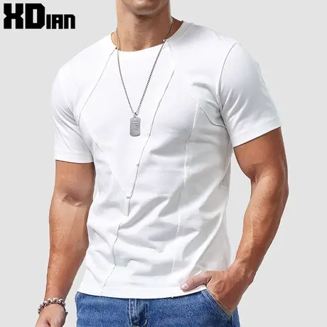 280G重磅短袖T恤男士菱形纹修身纯棉白色纯色打底衫夏季半袖上衣商品大图