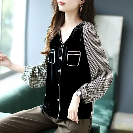 宝诗黎泡泡袖千鸟格雪纺衫新款春季丝绒女装2024链条口袋拼接上衣图片