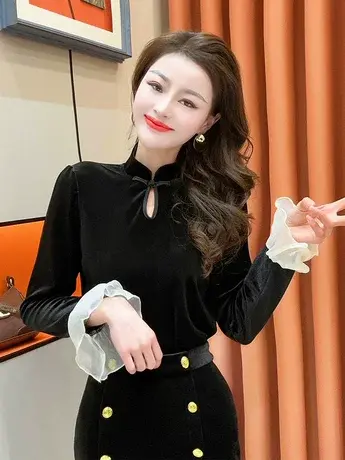 新中式立领盘扣国风丝绒衬衫女2024春新款网纱拼接喇叭袖气质衬衣商品大图