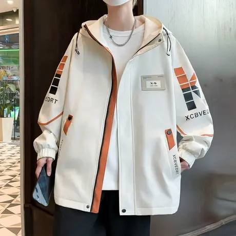 工装外套男潮牌春季新款连帽夹克男青少年休闲宽松字母印花上衣服商品大图