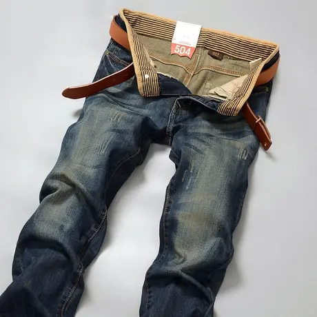 秋冬新款牛仔裤男青年复古潮牌休闲潮流宽松直筒修身破洞长裤子男图片