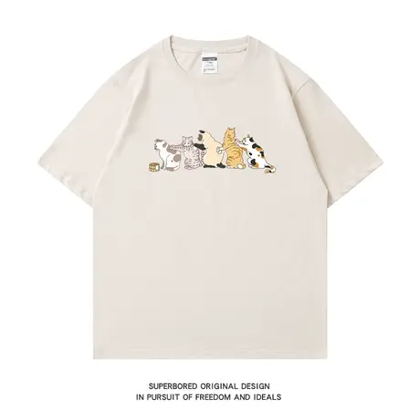 日系卡通猫咪印花短袖t恤男夏季港风学生情侣装宽松半袖体恤衫图片