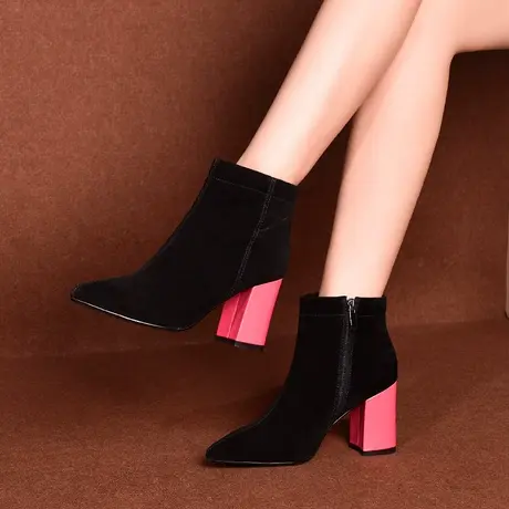 浓情漫宇冬季真皮短靴尖头粗跟女靴子加绒磨砂羊皮短筒靴子女H198图片